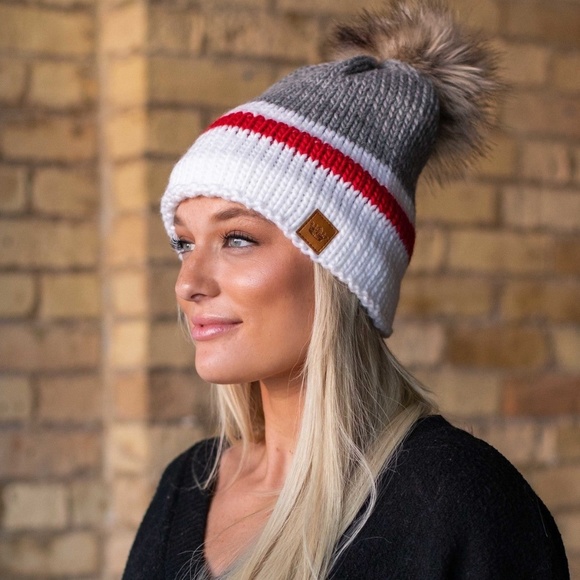 Accessories - SOLD OUT Gray White Red Striped Knit Fleece Lined Faux Fur Pom Women's Winter